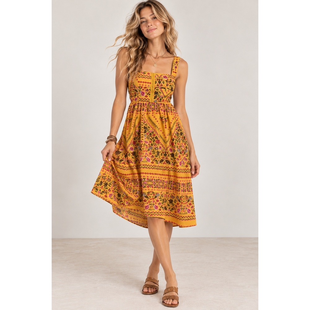 Olivaceous Floral Midi Dress M Mustard Yellow Boho Cotton Corset Cottage Floral